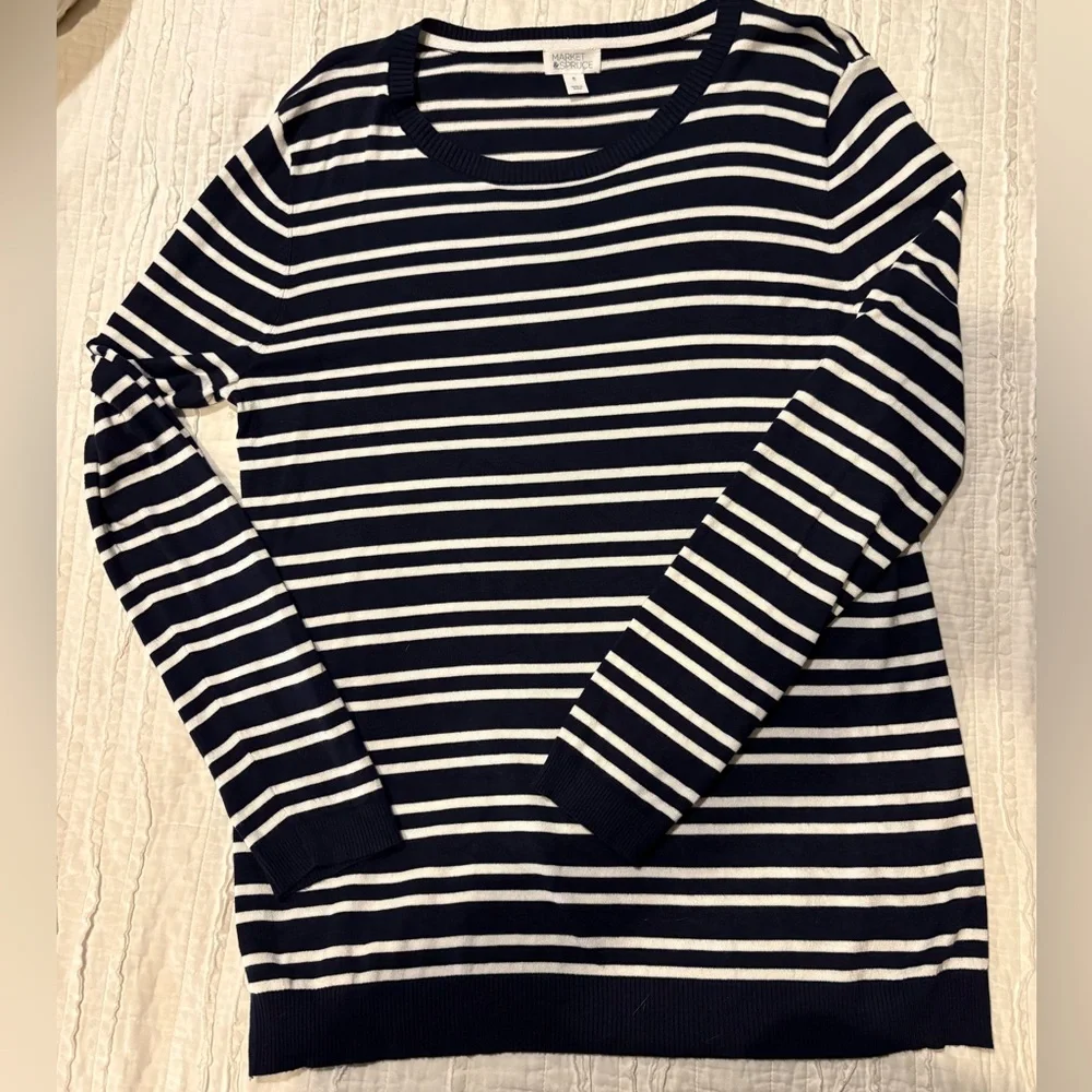 Market & Spruce Navy and White Striped Long Sleeve Fine Knit Sweater